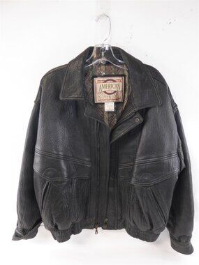 American Outerwear Black Leather Bomber Jacket, Size: M